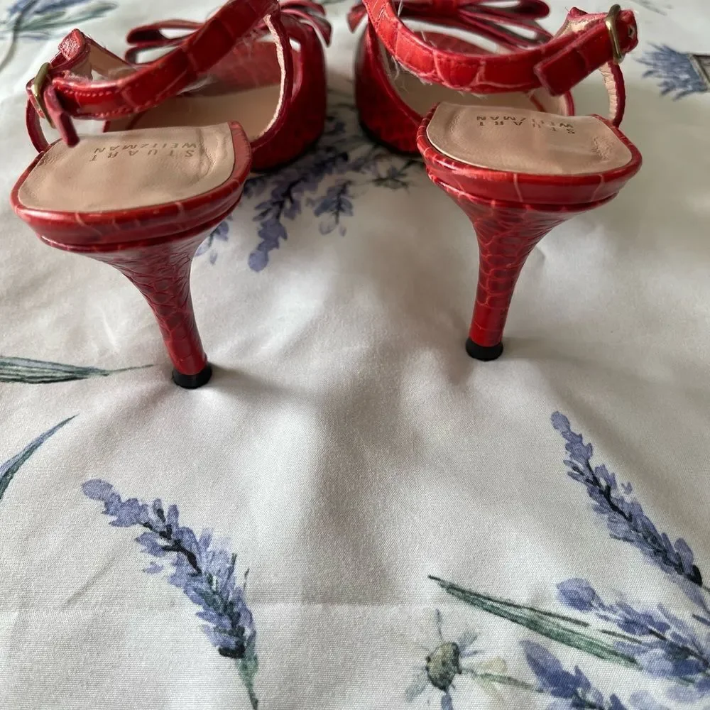 ‎Stuart Weitzman Red Croc Embossed Sandal heels